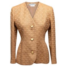 Vintage gold metallic jacquard blazer by Givenchy Couture. V-neck. Gold-tone button closures at center front. 35" bust, 17" shoulder width, 23" sleeve length, 26" length. Jacquard Blazer, Givenchy Couture, Floral Print Blazer, Vintage Givenchy, Cashmere Jacket, Vintage Blazer, Printed Blazer, White Blazer, Black Blazers