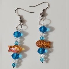 Handmade By Me In Birmingham Alabama, These Are One Of Three Designs I Have Made Up Right Now In These, You May However Choose Your Own Style, Colors, Hooks Etc. See The Last Few Photos Of The Other Colors, These Are The 18k Gold Plated Filigree Hooks With Blue And Clear Bubbles With Orange Murano Glass Lampwork Fish Bead. All Beads Used Here Are Glass. Very High End Swarovski Crystal, Art Glass, And Glass All Used In The Designs. Leverbacks Are Available As Well As Hoops Too. See Other Options. Cynthia Daniel, Lampwork Bead Jewelry, Marquise Earrings, Bubble Earrings, Crystal Heart Earrings, Black Earrings Dangle, Glass Drop Earrings, Glass Lampwork, Turquoise Earrings Dangle