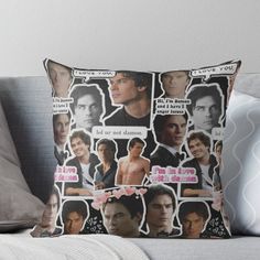 the vampire throw pillow on a couch with pillows in front of it and pictures of different characters