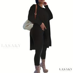 Lasaky - Premium Plus Size Casual Outfit Set for Women: Fashionable V Neck Long Sleeve Tunic Top with Split Hem and Coordinated Leggings, Two Piece Set Outfit Sets For Women, Plus Size Casual Outfits, Lash Sets, Leggings Outfits, Split Sleeve, Legging Outfits, Long Sleeve Tunic, Split Hem, Outfit Set