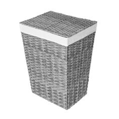 a grey wicker laundry basket with white lid and bottom panel, on a white background