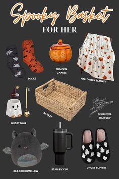 the contents of a basket for her with text that reads, spooky basket for her