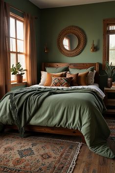 a bed with green sheets and pillows in a bedroom next to a large rug on the floor