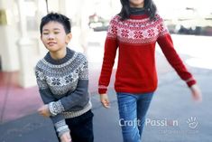 two children are walking down the street with their hands in each others'pockets while wearing ugly sweaters