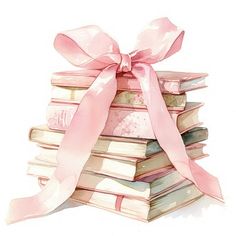 a stack of books with a pink ribbon on top