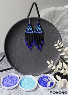 Black Beaded Dangling Earrings For Summer, Black Beaded Earrings With Round Beads For Summer, Summer Black Beaded Earrings With Dangling Beads, Bohemian Blue Beaded Earrings With Black Beads, Blue Bohemian Beaded Earrings With Black Beads, Bohemian Black Chandelier Earrings With Colorful Beads, Seed Bead Earring, Blue Beaded Earrings, Stitch Earrings