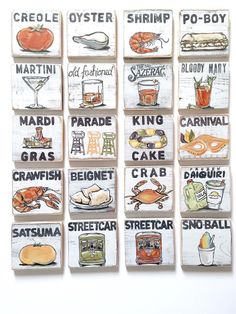 several coasters with different types of food on them