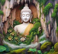 a buddha statue sitting in the middle of a forest filled with green plants and rocks