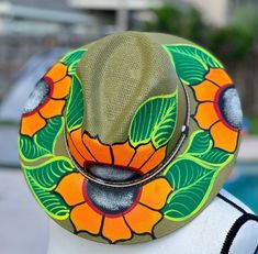 Olive Green Artisanal Hand Painted Mexican Hat, Cowgirl Hat, Hand Crafted Hat, Flower Summer Hat - Etsy Hand Painted Adjustable Hat Bands For Rodeo, Hand Painted Adjustable Hat Band For Rodeo, Adjustable Hand Painted Hat Band For Rodeo, Hand Painted Adjustable Fedora For Country Events, Adjustable Hand Painted Fedora For Country Events, Mexican Pattern, Hat Flower, Mexican Hat, Cowgirl Hat