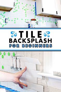 a hand is pointing at the tile backsplash for beginners