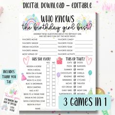 a birthday game with the words digital printable on it