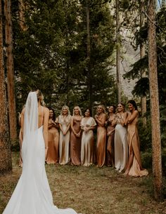 a bride and her bridal party standing in the woods with their backs to each other