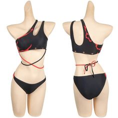 two female mannequins wearing black and red swimsuits with matching bra tops