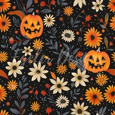 a black background with orange and white flowers, jack - o'- lantern pumpkins and leaves