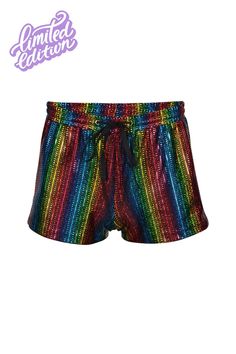 Get ready to unleash your Pride Vibes and Taste the Rainbow in our holographic Retro Running Shorts. These stretchy & fabulous shorts are handcrafted with love and feature our limited edition holographic Taste The Rainbow fabric that's as vibrant as your pride.  Designed to make you look as good as you feel, these shorts will have you strutting your stuff and showing off your true colors. Embrace the joy, celebrate love and Taste The Rainbow. Vintage Rainbow Retro Vibes Back Pocket Elastic & Drawstring Waistband Limited Edition Fabric Hand Made with Love Contact us with questions, custom orders & sizing requests, we're always happy to help. Metallic Stretch Disco Shorts, Metallic Disco Shorts For Night Out, Iridescent Bottoms For Summer Party, Multicolor Rave Bottoms For Party, Rave Multicolor Party Bottoms, Rave Style Multicolor Party Bottoms, Metallic Disco Shorts For Summer, Disco Style Stretch Summer Shorts, Iridescent Stretch Bottoms For Summer