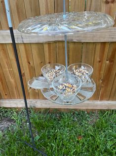 two glass dishes sitting on top of a metal stand next to a wooden fence and grass