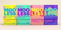 three boxes of moo moo less less are stacked on top of each other