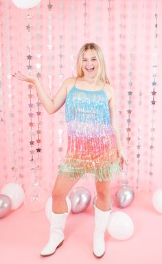 Rainbow Sequin Metallic Fringe Tiered Cami Mini Dress Rainbow Sequin Dress, Cami Mini Dress, Platform Heels Boots, Shimmer Shine, Toddler Accessories, Sequin Design, Mini Cami Dress, Dress Back, Blue And White Dress