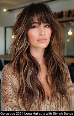 14 Stunning Two Toned Hair Color Inspirations Wavy Hair Women Haircut, Long Hair With Bangs Highlights, Long Hair With Crown Layers, Dark Brown Underneath Hair, Fringe Inspo Long Hair, Long Hair With Bangs Balayage, Brunette Highlights With Bangs, Boho Fringe Hair, Long Hairstyles With Highlights