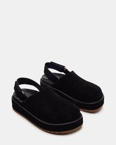 MELLOW Black Suede Slingback Platform Clog | Women's Flats – Steve Madden Black Clogs Outfit, Clog Outfit, Sneaker Heads, Clogs Outfit, Black Casual Shoes, Platform Clogs, Fall Fits, 2 Inch Heels, Women's Flats