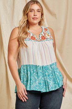 We love the boho vibe of this gorgeous embroidered mix media blouse. It features a split V-neckline, has colorful embroidery on the yoke, is sleeveless & and has a relaxed a-line tiered flowy silhouette. Pair this up with skinny jeans and sandals for a chic look! Small Bust 38" L 27" : Medium Bust 40" L 27" : Large Bust 42" L 27" 1X Bust 50" L 28" : 2X B 52" L 28" : 3X Bust 54" L 28" 100% Woven Rayon - no stretch Hand wash cold Colorful Embroidery, Mix Media, Kimono Jacket, Boho Vibe, Large Bust, Embroidered Top, Small Bust, Peplum Top, Mixed Media