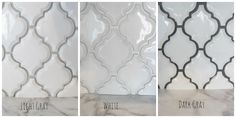 three different types of tile that are white and gray with black accents on the sides