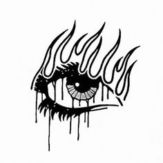 a drawing of an eye with green eyes and flames on the bottom half of it