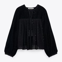 Round Neck Blouse With Opening And Tassel Trimmed Drawstring. Long Sleeves With Cuffs. Sparkly Appliqu And Tonal Matching Sequins. Material: 100% Polyester Ships Same Day Black Blouse With Blouson Sleeves For Party, Casual Party Top With Blouson Sleeves, Zara Casual Party Blouse, Zara Winter Party Blouse, Casual Evening Blouse For Fall, Casual Fall Blouse For Evening, Casual Fall Evening Blouse, Chic Padded Blouse By Zara, Zara Blouse For Night Out In Fall