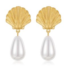 PRICES MAY VARY. Shell Earrings For Women: Ocean pearl dangle earrings design shells and pearl styles, novel and chic, style, full of summer romantic atmosphere, wear this ocean series earrings play, will have a chic style. Optional Size: The size of our gold shell earrings is in 1.81*0.86 inch .The weight is 0.14 OZ/PC,This gold drop earrings ocean shell pearl style design is not big or small, will not put any burden on your ears. Long-Lasting And Durable: Our seashell earrings are made of gold Summer Beach Jewelry, Seashell Earrings, Knot Stud Earrings, Gold Earrings For Women, Earrings Summer, Ocean Jewelry, Gold Statement Earrings, Statement Drop Earrings, Holiday Earring