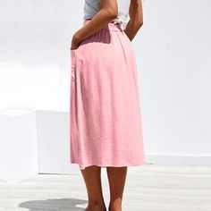 Casual Pure Color High Waist Single Breasted Buttons Midi Skirt Pocket – lastrafashion Spring Mini Skirt With Pockets, Non-stretch, Spring Non-stretch Mini Skirt With Pockets, Non-stretch Cotton Mini Skirt With Pockets, Spring High-waist Skirt With Pockets, Knee-length Bottoms For Beach, Casual Non-stretch Skirt With Pockets, Casual Summer Skirt With Pockets, High Waist Solid Color Skirt For Day Out, Summer Midi Skirt With Pockets