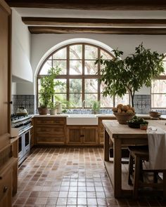 a kitchen with an arched window and tile flooring, along with potted plants on the counter