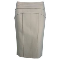 Versace double face cream wool pencil skirt unworn with tags. Band waist with yoke hip seams that dip at each side. Flat felled vertical panel seams front & back. Closes at the side with an invisible zipper & hook & eye. The skirt is fully lined in cream rayon. Marked size 38. 95% wool 5% spandex. In excellent wearable condition. All our clothing is dry cleaned and inspected for condition and is ready to wear. Any condition issues will be noted. For visual comparison our mannequin is a size 4. P Black Silk Skirt, Flat Felled Seam, Maxi Skirt Style, Versace Brand, Versace Couture, Vintage Versace, Tube Skirt, Wool Pencil Skirt, Stripe Silk