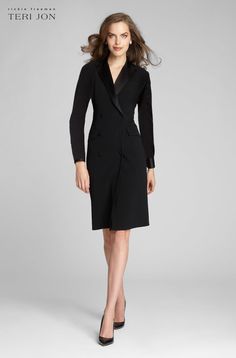 Tuxedo Long Sleeve Coat Dress Navy Cocktail Dress, Teri Jon, Long Sleeve Coat, Mob Dresses, Tuxedo Dress, Tuxedo Shirts, Dinner Dress, Chiffon Long Sleeve, Long Sleeves Coats