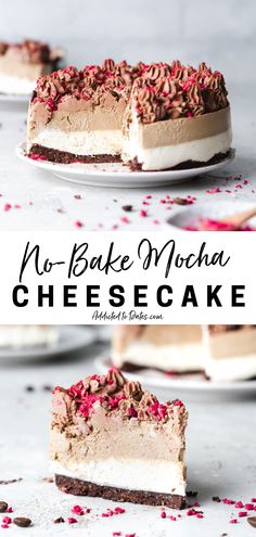 no - bake mocha cheesecake with chocolate and red sprinkles