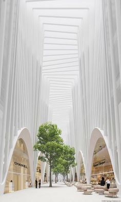 the interior of a shopping mall with people walking around and trees on either side of the walkway