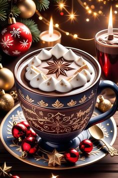 a cup of hot chocolate with marshmallows and christmas decorations