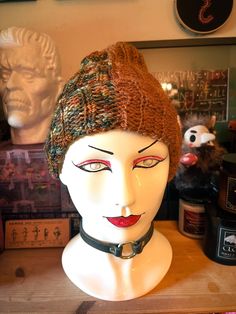 Hand-crocheted acrylic beanie. two color split: one side is superwash merino wool brown multi, and the other is an acrylic brown heather. Slouchy Hat, Crochet Beanie, Hand Crochet, Merino Wool, Caps Hats, Accessories Hats, Wool, Hats, Crochet