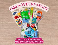 The Girls Weekend Kit is crafted to replenish and rejuvenate you after a fun-filled weekend with your besties! Bag & Sticker: - Clear bag is a reusable small PVC transparent plastic. Dimensions 5.9 (L) X 5.1 (W) X 1.38 (H) - Sticker is 3" Note: At times, an item may be substituted with a comparable item that will always be worth the same or more than the listed item in order to get your kit(s) shipped to you in a timely manner. Girls Trip Gifts Bags, Hangover Recovery Kit, Chicago Girls, Bag Sticker, Cruise Gifts