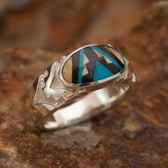 David Rosales Turquoise Creek Fancy Inlaid Sterling Silver Ring Man Rings, Contemporary Southwest, Survival Hacks, Black Jade, Silver Ring Designs, Southwest Jewelry, Silver Wedding Bands, Kingman Turquoise, Men's Jewelry Rings