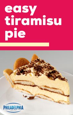 a piece of cheesecake on a plate with the words easy tiramisu pie