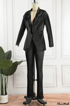 Olivia Mark - Womens Elegant Black Two-Piece Long-Sleeve Cardigan and Pant Set featuring a Classic Turn-Back Collar Design Solid Long Sleeve Pantsuit For Party, Solid Fitted Long Sleeve Sets, Solid Color Fitted Long Sleeve Sets, Fitted Long Sleeve Pant Set For Spring, Tailored Long Sleeve Party Sets, Solid Long Sleeve Sets For Party, Chic Fitted Long Sleeve Pant Set, Stretch Long Sleeve Pantsuit For Party, Non-stretch Sets For Workwear In Fall