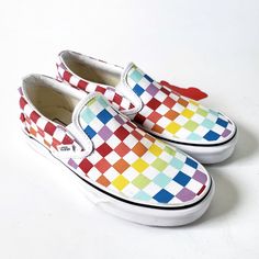 Nwt Vans Checkerboard Rainbow Classic Slip-On Shoes. Featuring The Tried-And-True Style And Laid-Back Profile Of The Vans Classic Slip-On Shoes. - Slip-On Sneakers With Durable Canvas Upper. - Padded Collar And Footbed For Added Comfort. - Die-Cut Eva Insert For Added Support. - Rubber Outsole With Signature Waffle Tread - Size: 4 Men / 5.5 Women - Condition: New With Tag, No Box Vans Checkerboard, Slipon Shoes, Vans Red, Shoes Vans, Vans Classic, Womens Vans, Vans Classic Slip On Sneaker, Vans Shoes, Slip On Sneakers