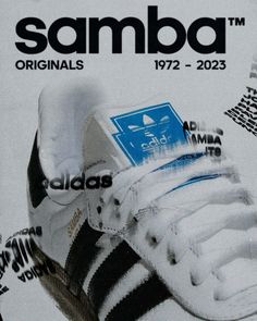 an advertisement for adidas is shown in black and white with blue details on the bottom