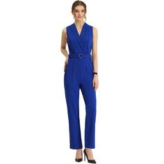 Versatile to suit each body size, each age, and each occasion, it is a timeless item for your wardrobe. A solid shawl collar jumpsuit is ready for you to move in and out of the office. With the design of the self-tie belt and high waist, it can accentuate your graceful figure. The invisible zipper back can be easily dressed up or down and the tie belt draws out your waistline and shows your body curve perfectly. Elegant Blue Sleeveless Jumpsuits And Rompers, Tube Jumpsuit, Collar Jumpsuit, Cropped Jumpsuit, Business Casual Dresses, Body Curves, Red Jumpsuit, Knitted Romper, The Invisible