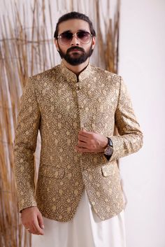 Men Prince Coat Premium Mesuri Fabric  Italian Thread  Simple & Decent Metal Buttons Finest Stitch Branded Design Custom Sizes are also available. Gold Lawn Suit For Eid, Formal Gold Lawn Suit With Dabka, Formal Gold Lawn Suit With Dabka Embroidery, Gold Traditional Wear For Groom At Eid, Gold Groom's Traditional Wear For Diwali, Gold Traditional Wear For Groom At Diwali, Gold Sherwani With Resham Embroidery For Groom, Festive Chikankari Embroidered Set For Groom, Groom's Sherwani With Dabka Work