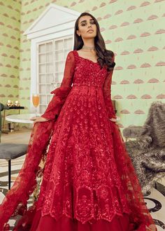 Organza Veil, Red Frock, Red Bridal Dress, Latest Bridal Dresses, Pakistani Party Wear, Organza Skirt, Net Dress