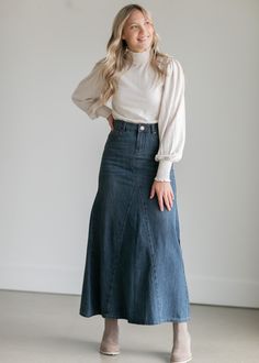 Kathryn Dark Wash A-Line Skirt - FINAL SALE IC Skirts Lightweight Skirt, Knit Shirt Dress, Denim Skirt Outfits, Long Denim Skirt, Modest Skirts, Dark Denim, Modest Outfits, Skirt Outfits, A Line Skirt