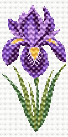 a cross stitched purple flower with green leaves