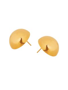 two gold ear studs on a white background, one is shaped like an egg