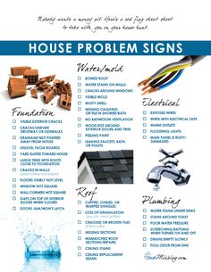 a poster with the words house problem signs written in blue and white lettering on it